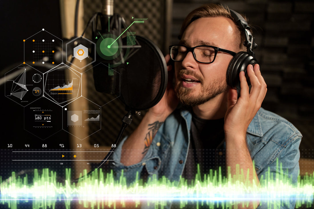 Man wearing headphones sings into a studio microphone in a soundproof recording booth, with digital audio waveforms and futuristic data graphics overlaid in the foreground.