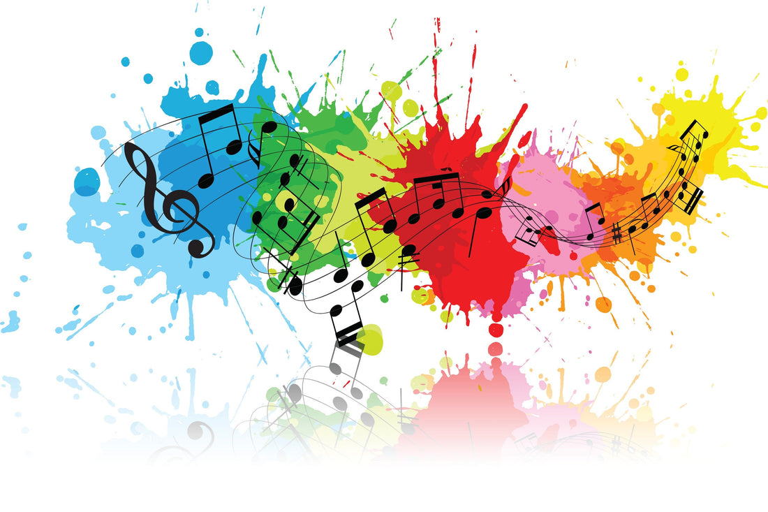 Colorful paint splashes forming a rainbow background with flowing musical notes and a treble clef across the center.