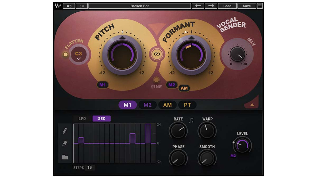 Audio plugin interface showing pitch and formant control knobs, a vocal bender mix dial, and a sequencer panel with adjustable rate, phase, warp, and level settings.