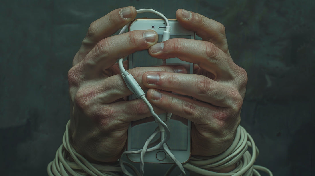 Hands tightly gripping a smartphone, tangled in white headphone cables, symbolizing digital addiction or technology entrapment.