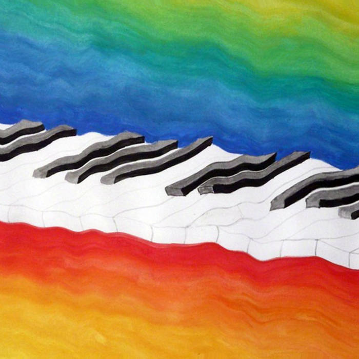 Abstract artwork featuring wavy black piano keys across layered bands of bright rainbow colors.