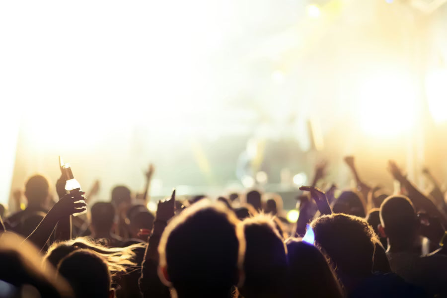 Crowd at a live concert with raised hands and glowing stage lights, capturing the energy of a music festival audience.