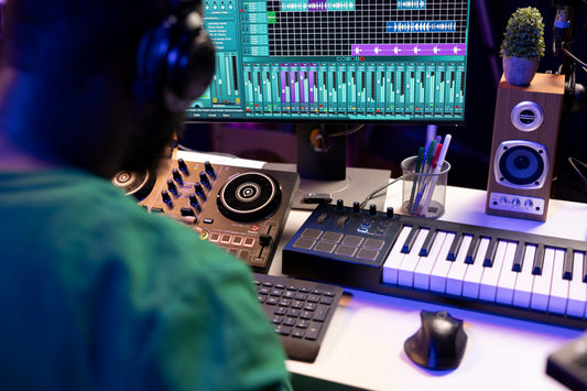 Music producer making music with speakers 