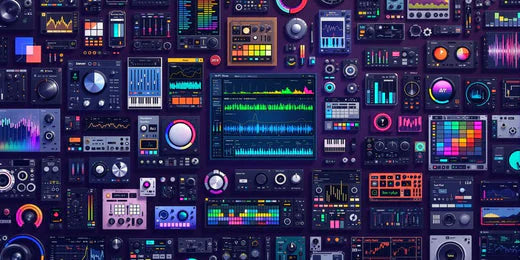 A colorful collage of music production software interfaces, DAW plugins, synthesizers, drum machines, equalizers, and audio tools displayed on a dark background