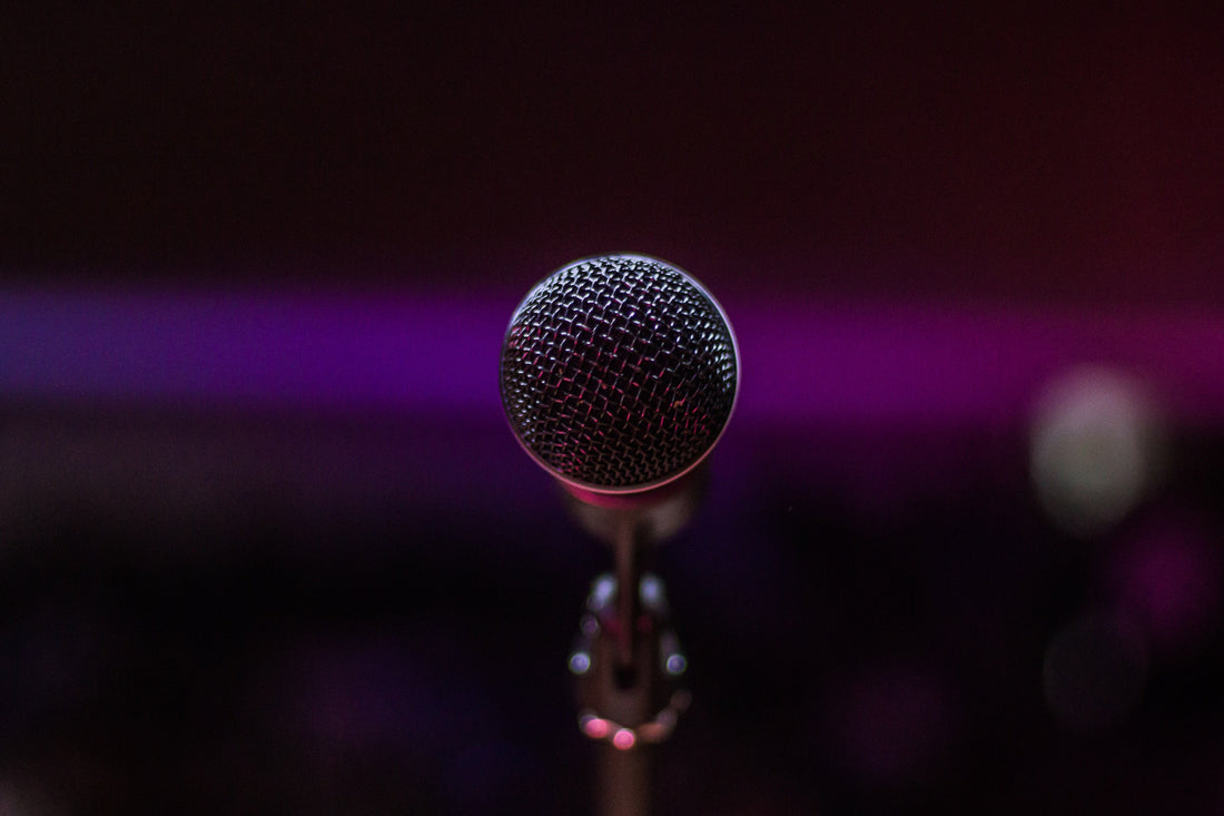 Microphone on a stand facing towards the camera