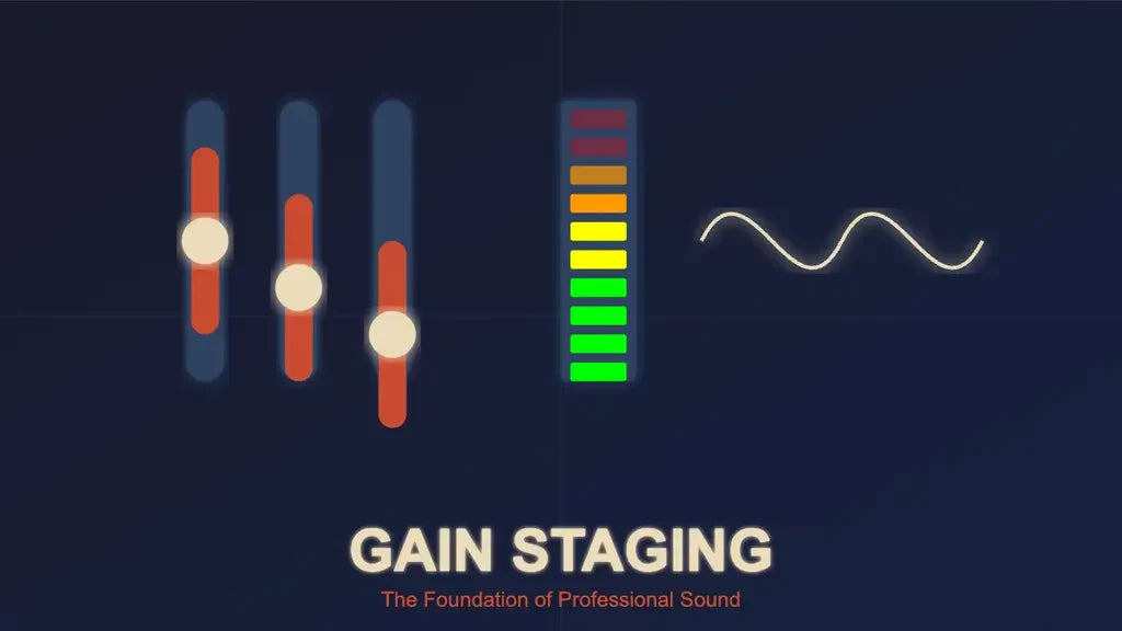 Graphic illustrating audio gain staging with level sliders, a volume meter, and a waveform, highlighting the foundation of proper sound mixing and recording.