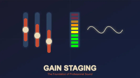 Graphic illustrating audio gain staging with level sliders, a volume meter, and a waveform, highlighting the foundation of proper sound mixing and recording.