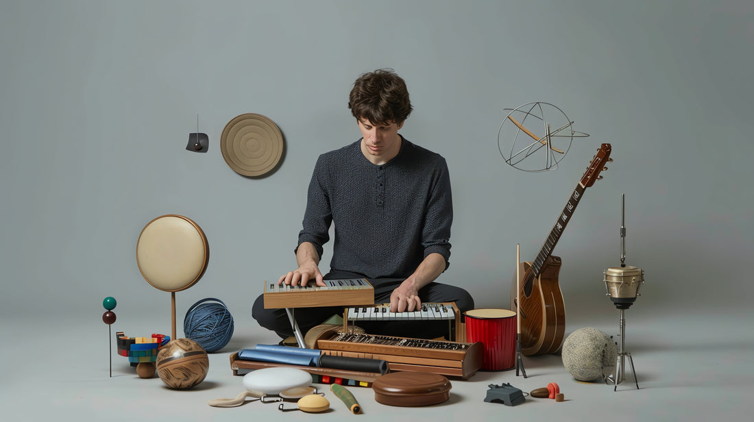 Young musician surrounded by eclectic musical instruments, playing analog synthesizers in a minimalist studio setting, symbolizing creative music production.