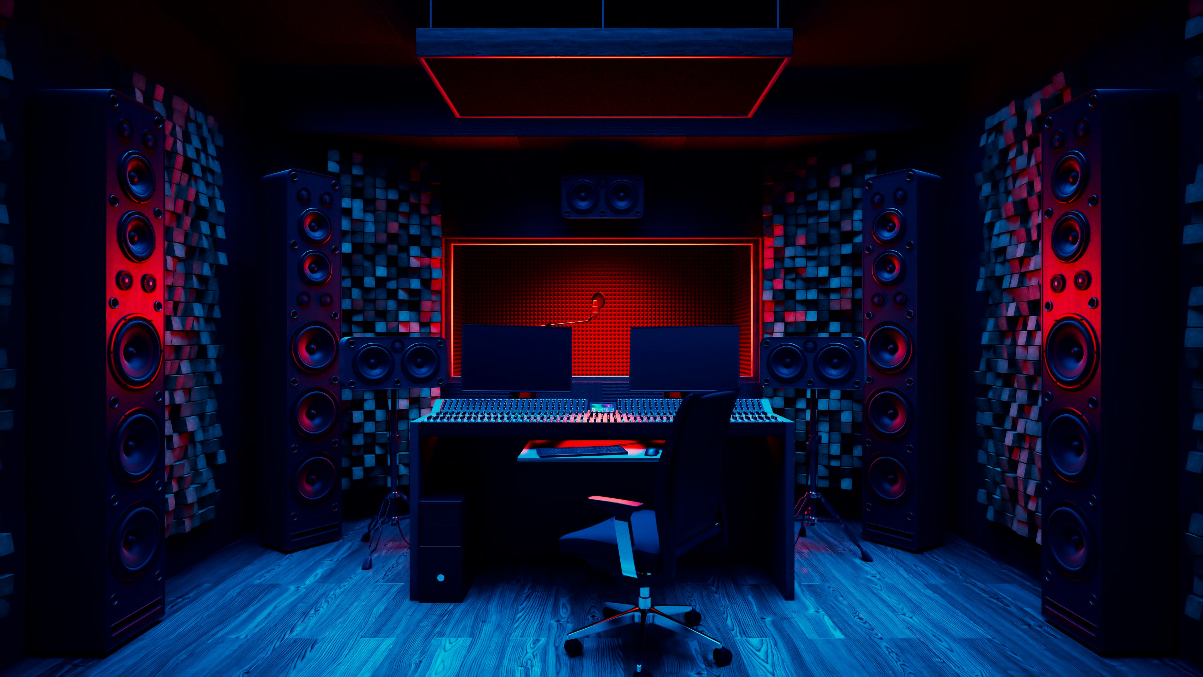 Music Production room with blue and red lights