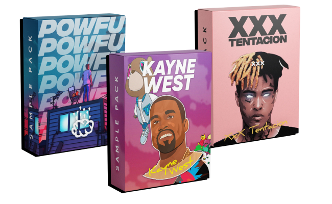 Three sample pack artworks of Powfu, Kayne West and XXXTentacion